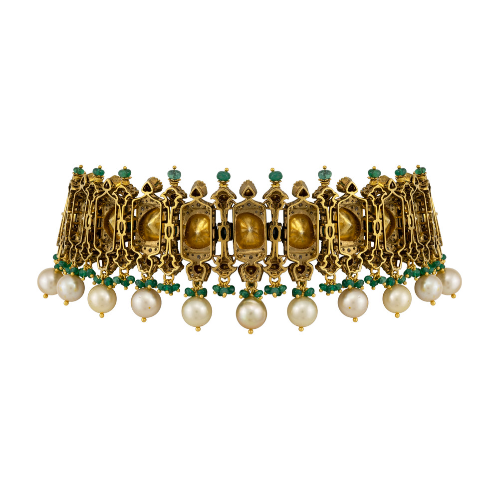 Antique Polki Choker with Emerald and Pearl Fringe
